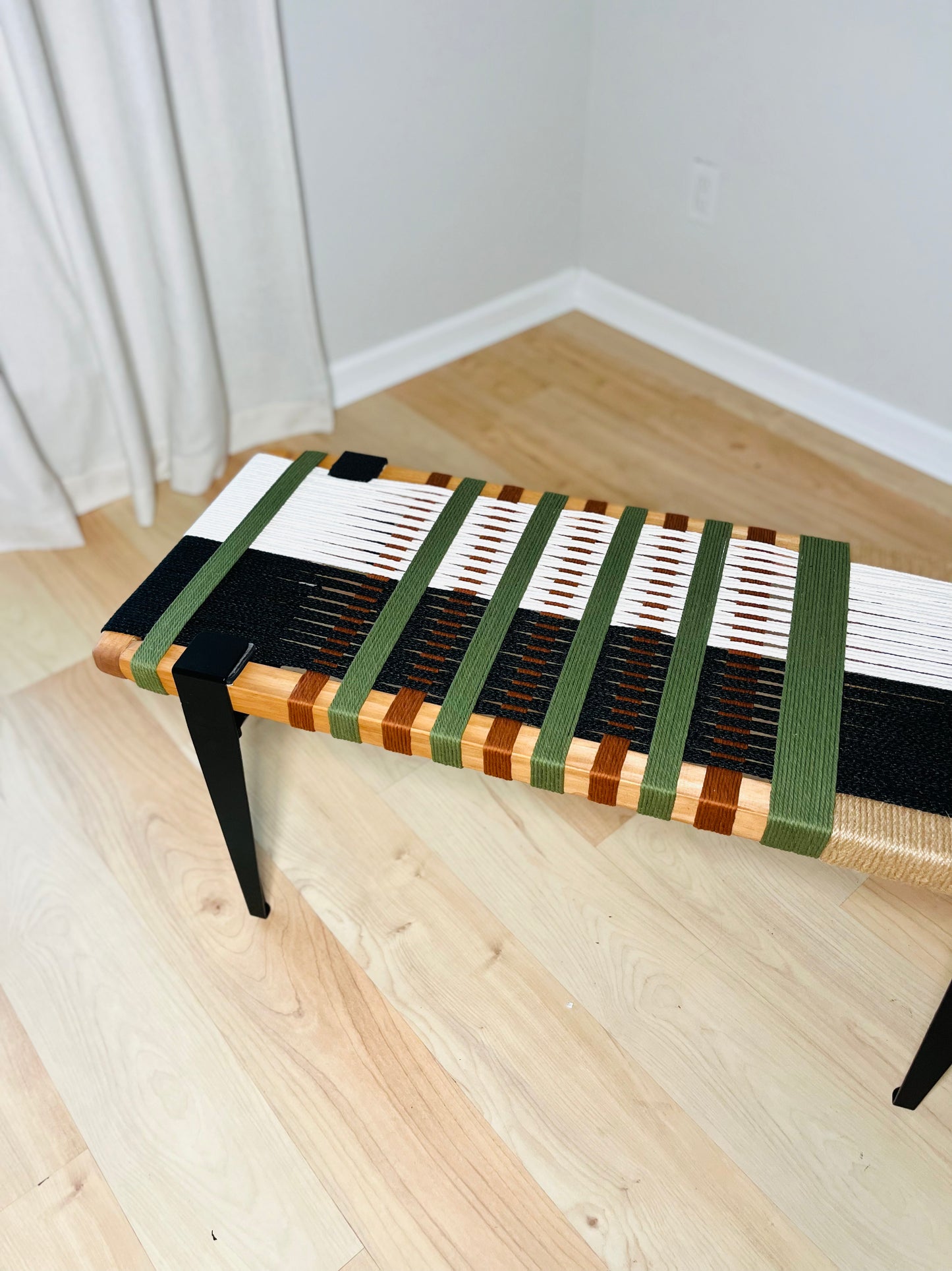 Mid Century Bench | Custom Size Woven Entryway Seating With Matte Black Legs