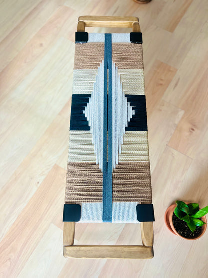 Mid Century Bench | Custom Size Woven Entryway Seating With Matte Black Legs