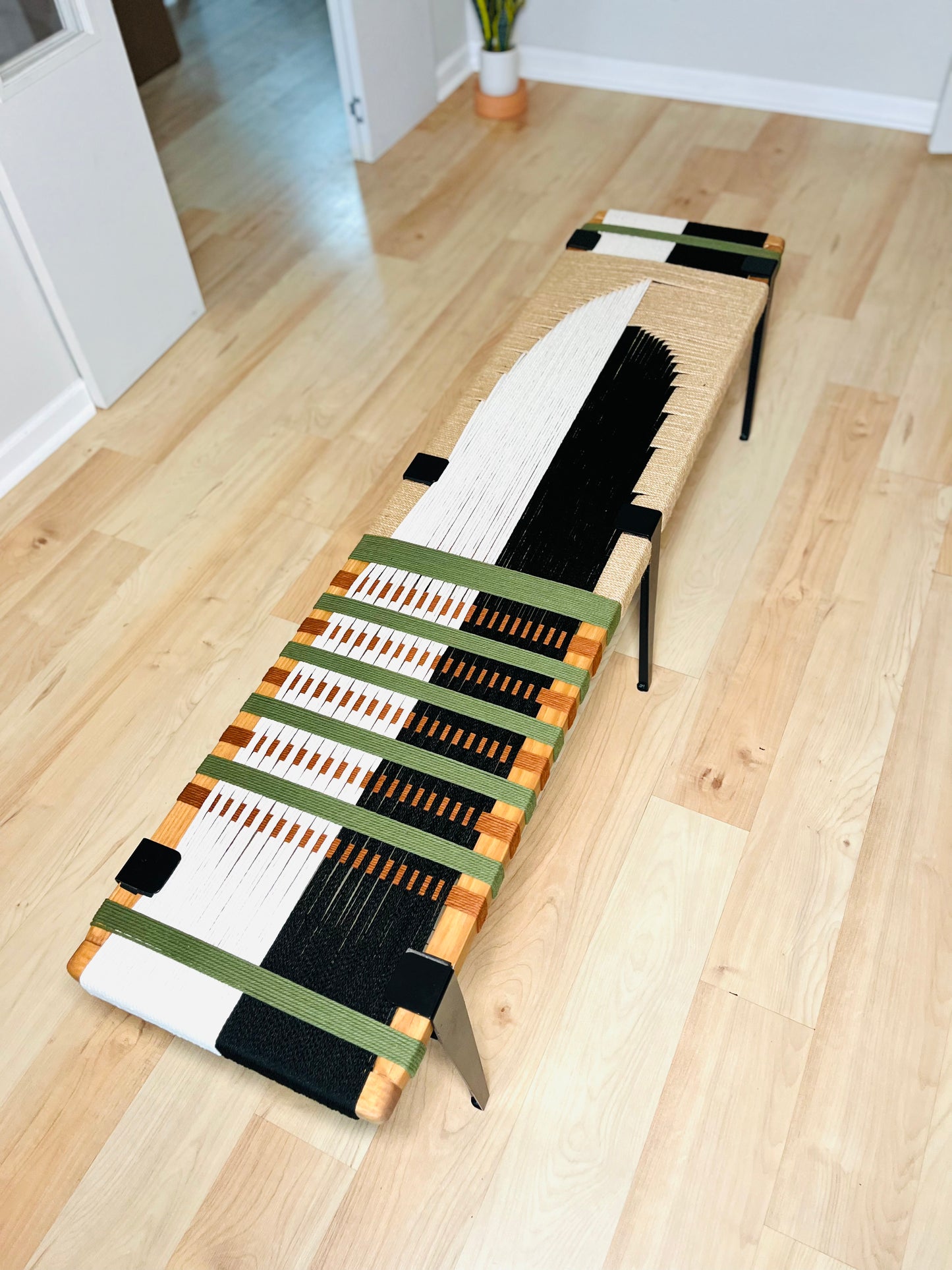 Mid Century Bench | Custom Size Woven Entryway Seating With Matte Black Legs