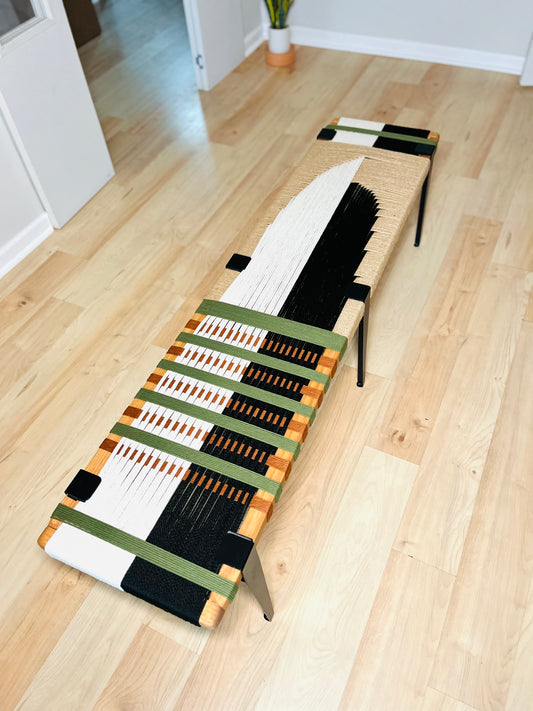 Mid Century Bench | Custom Size Woven Entryway Seating With Matte Black Legs