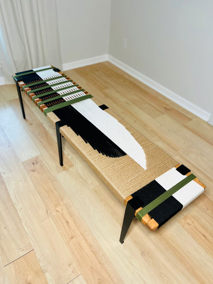 Mid Century Bench | Custom Size Woven Entryway Seating With Matte Black Legs