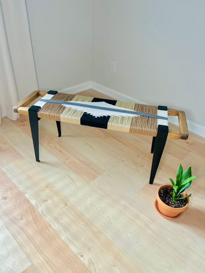 Mid Century Bench | Custom Size Woven Entryway Seating With Matte Black Legs