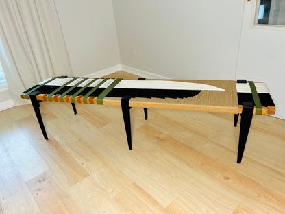 Mid Century Bench | Custom Size Woven Entryway Seating With Matte Black Legs