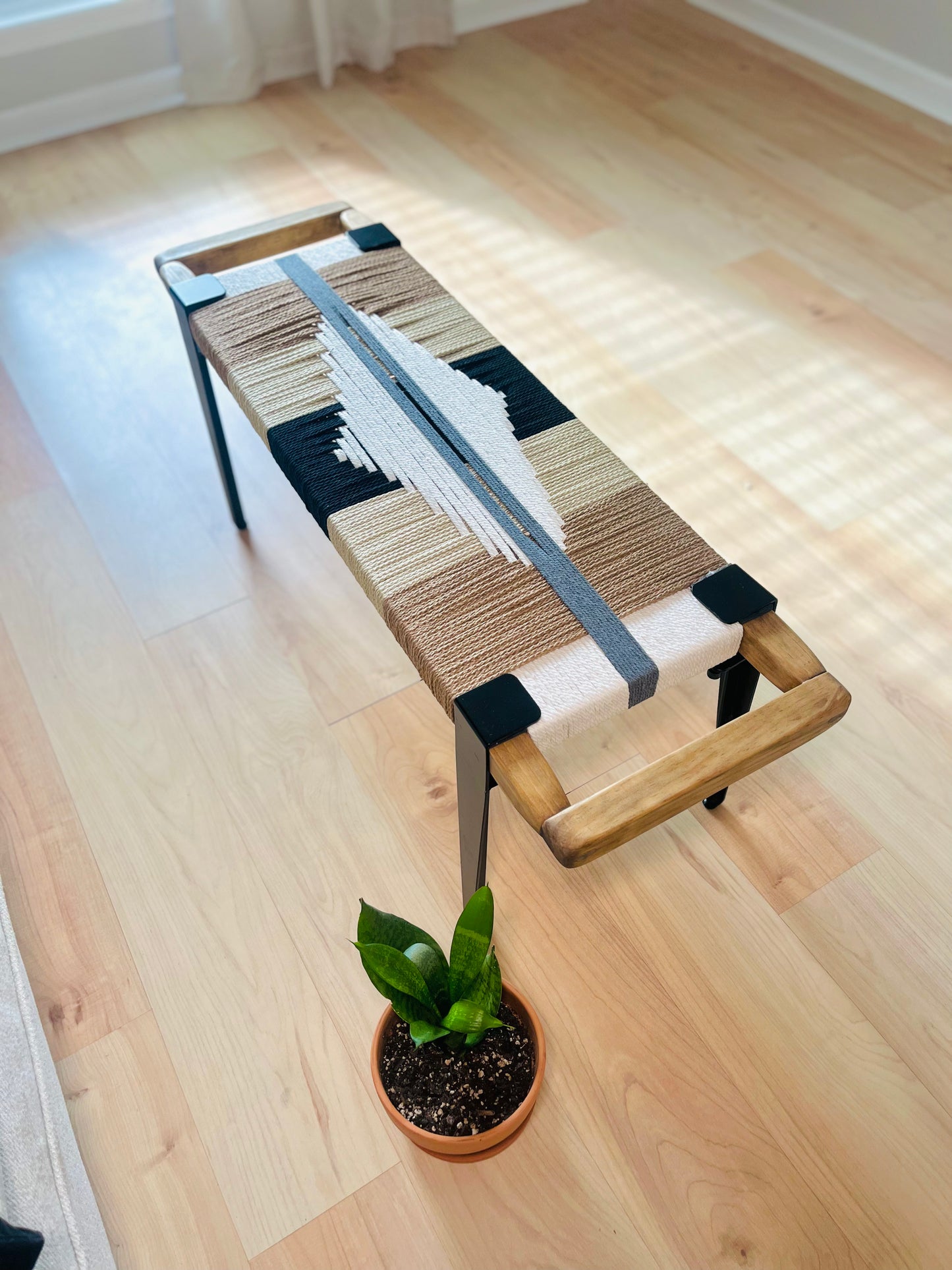 Mid Century Bench | Custom Size Woven Entryway Seating With Matte Black Legs