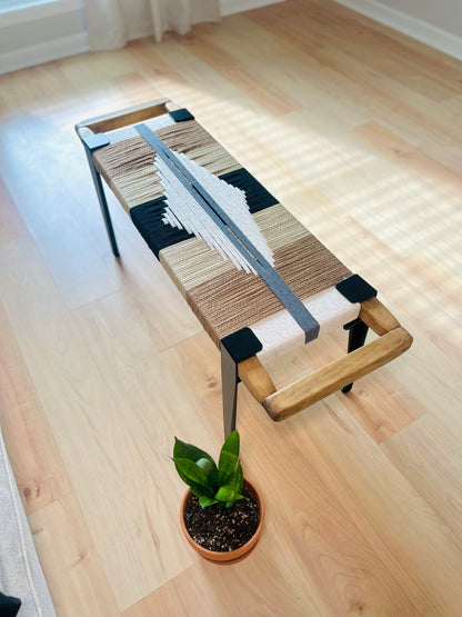 Mid Century Bench | Custom Size Woven Entryway Seating With Matte Black Legs