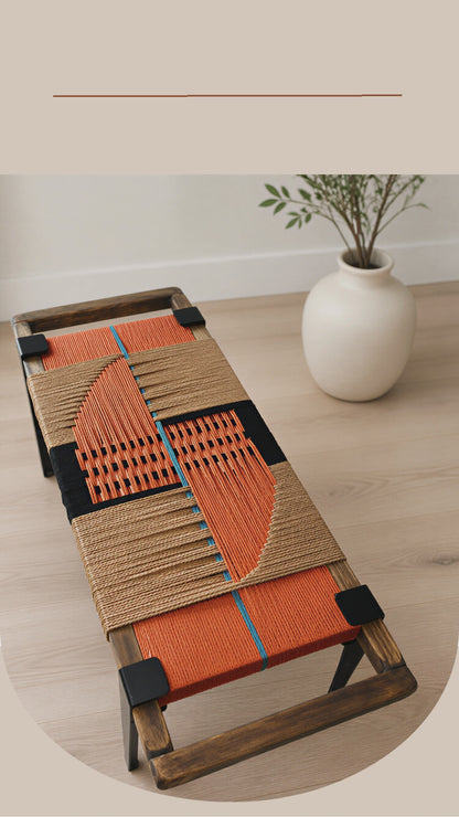 Mid Century Bench | Custom Size Woven Entryway Seating With Matte Black Legs