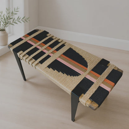 Mid Century Bench | Custom Size Woven Entryway Seating With Matte Black Legs