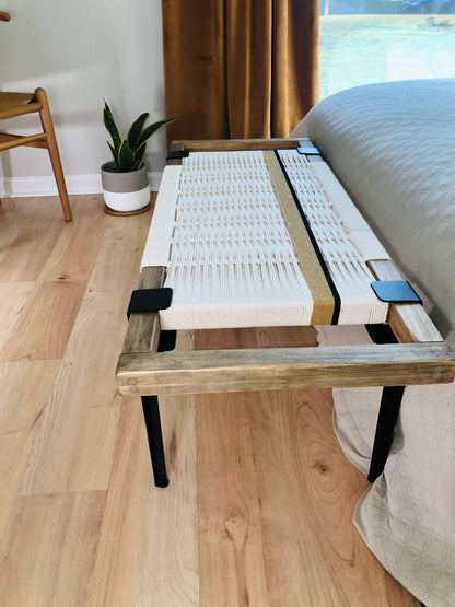 Mid Century Bench | Custom Size Woven Entryway Seating With Matte Black Legs