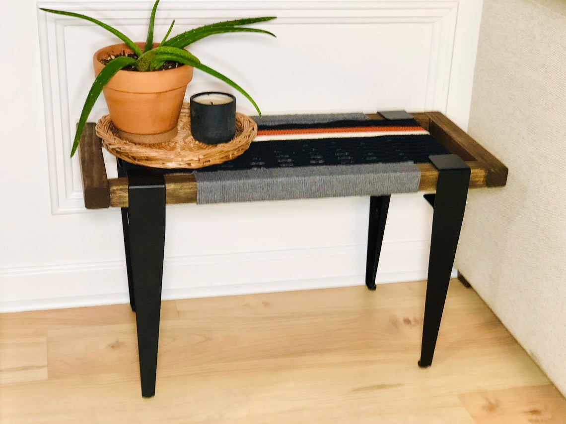 Mid Century Bench | Custom Size Woven Entryway Seating With Matte Black Legs