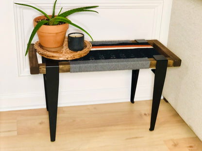 Mid Century Bench | Custom Size Woven Entryway Seating With Matte Black Legs