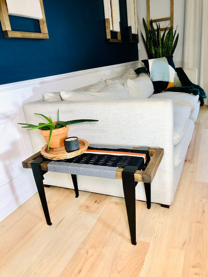 Mid Century Bench | Custom Size Woven Entryway Seating With Matte Black Legs