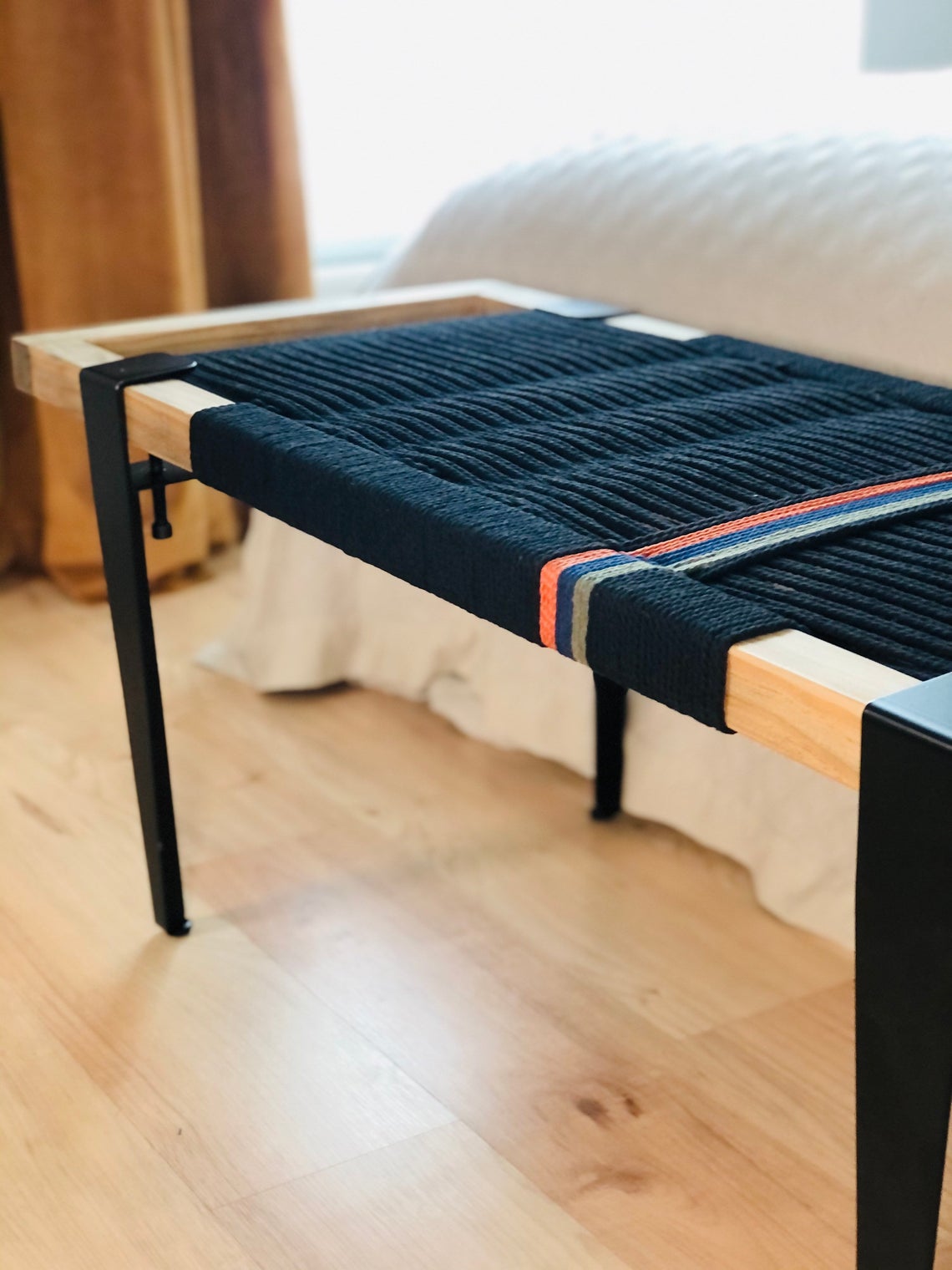 Mid Century Bench | Custom Size Woven Entryway Seating With Matte Black Legs