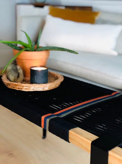 Mid Century Bench | Custom Size Woven Entryway Seating With Matte Black Legs