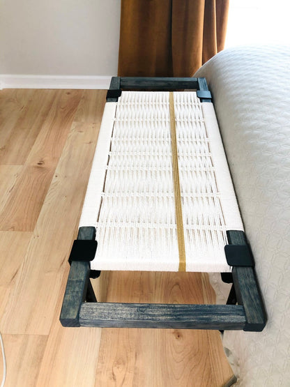 Mid Century Bench | Custom Size Woven Entryway Seating With Matte Black Legs