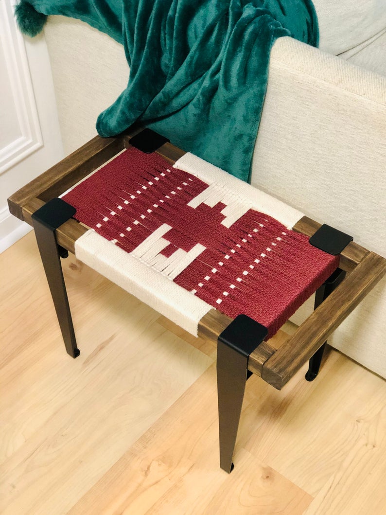 Mid Century Bench | Custom Size Woven Entryway Seating With Matte Black Legs