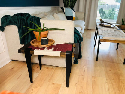 Mid Century Bench | Custom Size Woven Entryway Seating With Matte Black Legs