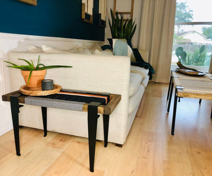Mid Century Bench | Custom Size Woven Entryway Seating With Matte Black Legs
