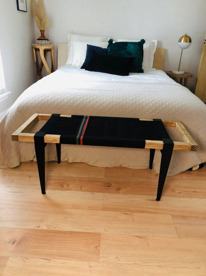 Mid Century Bench | Custom Size Woven Entryway Seating With Matte Black Legs