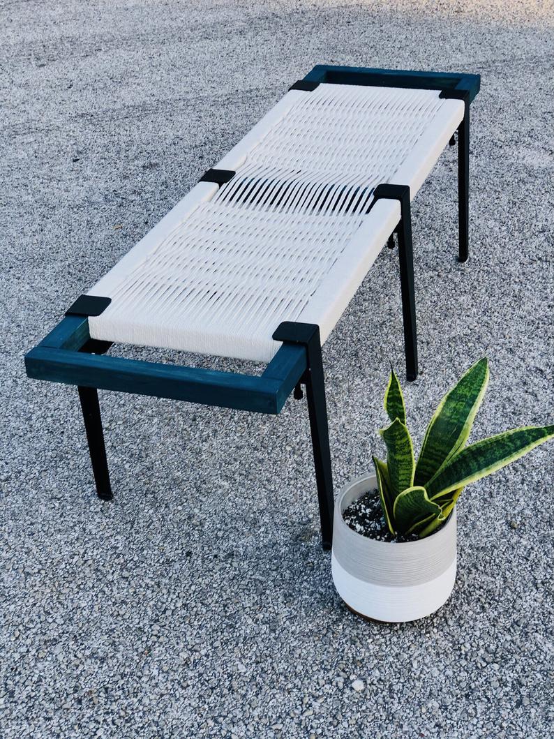 Mid Century Bench | Custom Size Woven Entryway Seating With Matte Black Legs
