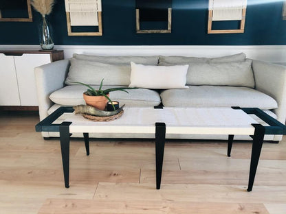 Mid Century Bench | Custom Size Woven Entryway Seating With Matte Black Legs