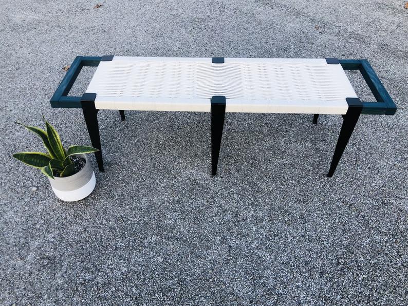 Mid Century Bench | Custom Size Woven Entryway Seating With Matte Black Legs