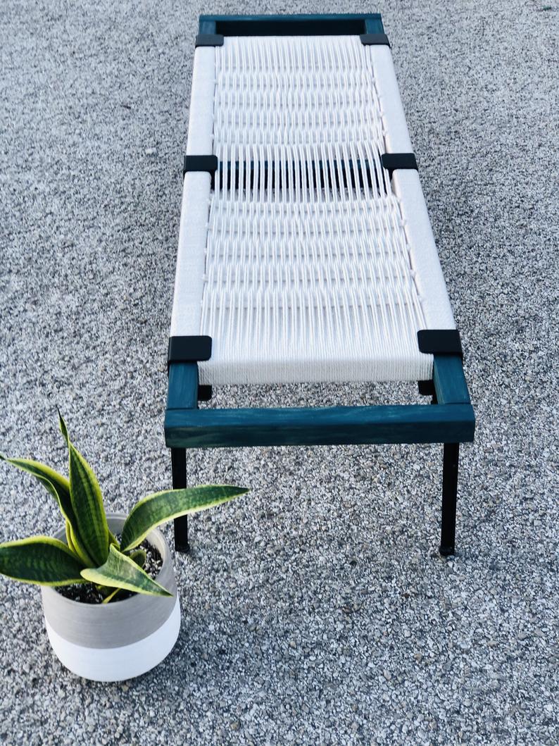 Mid Century Bench | Custom Size Woven Entryway Seating With Matte Black Legs