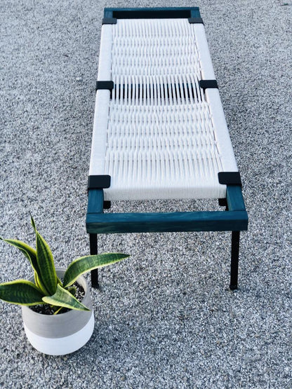 Mid Century Bench | Custom Size Woven Entryway Seating With Matte Black Legs