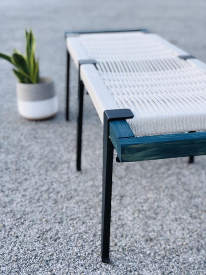 Mid Century Bench | Custom Size Woven Entryway Seating With Matte Black Legs