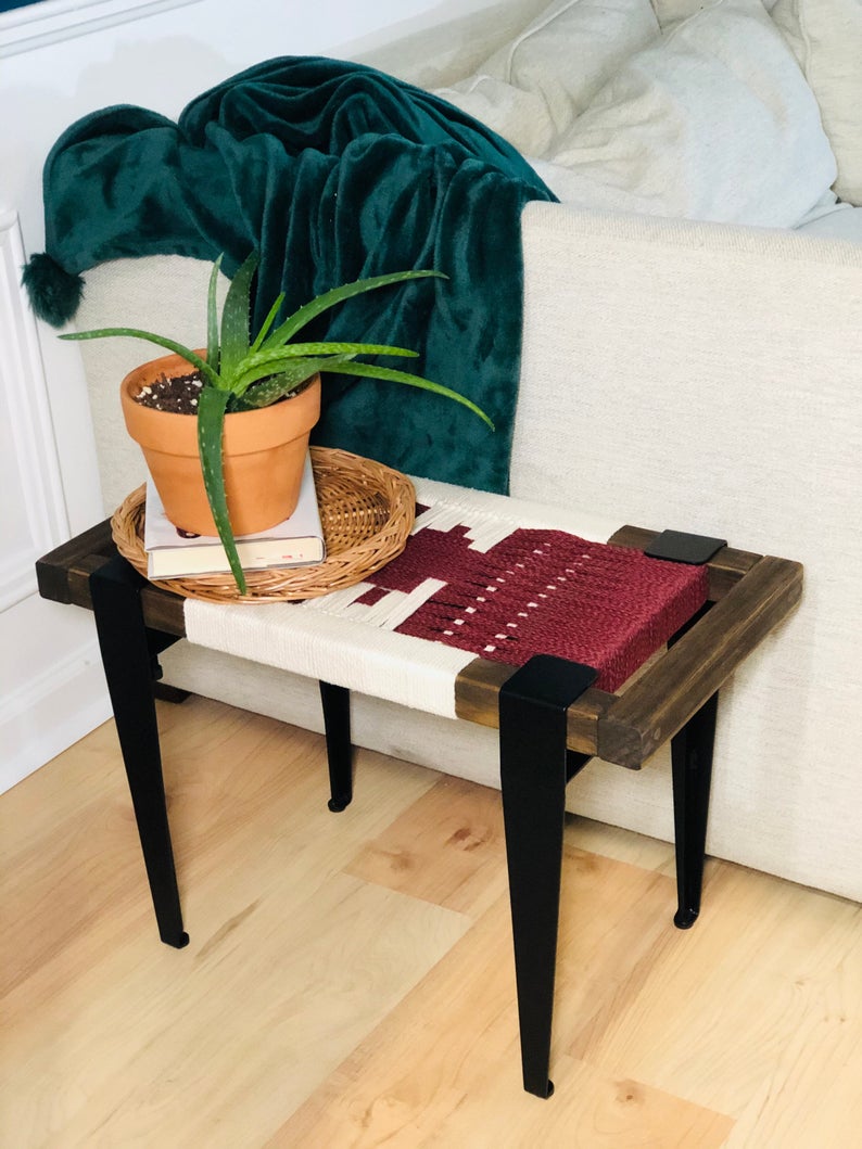 Mid Century Bench | Custom Size Woven Entryway Seating With Matte Black Legs