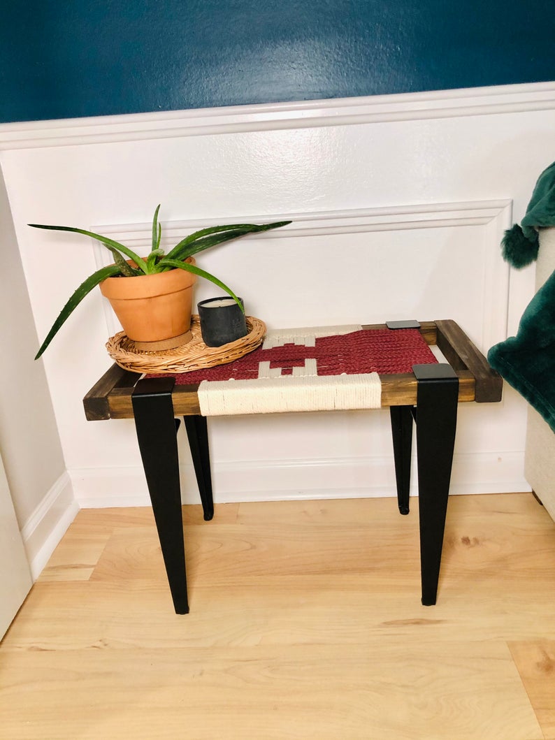 Mid Century Bench | Custom Size Woven Entryway Seating With Matte Black Legs