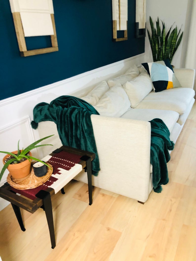 Mid Century Bench | Custom Size Woven Entryway Seating With Matte Black Legs