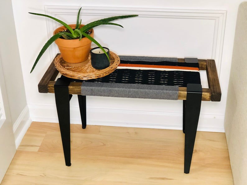 Mid Century Bench | Custom Size Woven Entryway Seating With Matte Black Legs