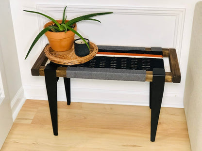 Mid Century Bench | Custom Size Woven Entryway Seating With Matte Black Legs