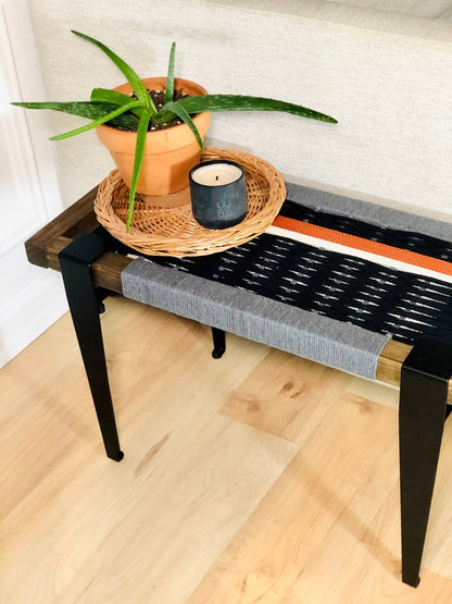 Mid Century Bench | Custom Size Woven Entryway Seating With Matte Black Legs