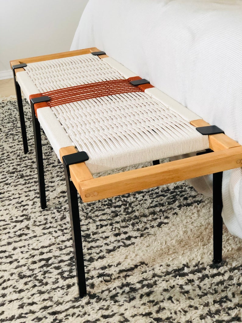 Mid Century Bench | Custom Size Woven Entryway Seating With Matte Black Legs