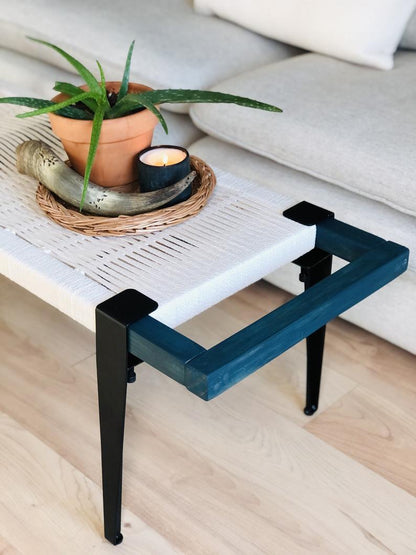 Mid Century Bench | Custom Size Woven Entryway Seating With Matte Black Legs