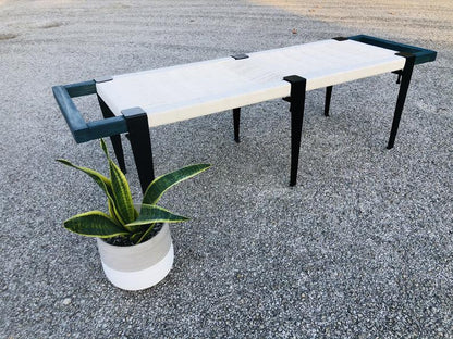 Mid Century Bench | Custom Size Woven Entryway Seating With Matte Black Legs