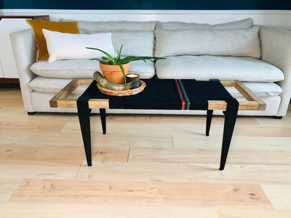 Mid Century Bench | Custom Size Woven Entryway Seating With Matte Black Legs