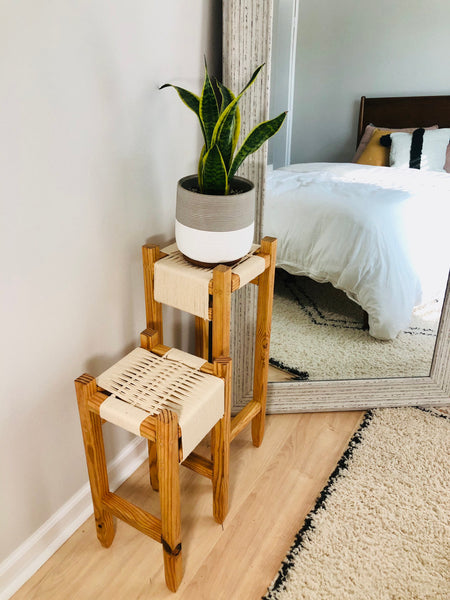 Mid-Century Modern Style Woven Indoor Plant Stands (tall set of 2)