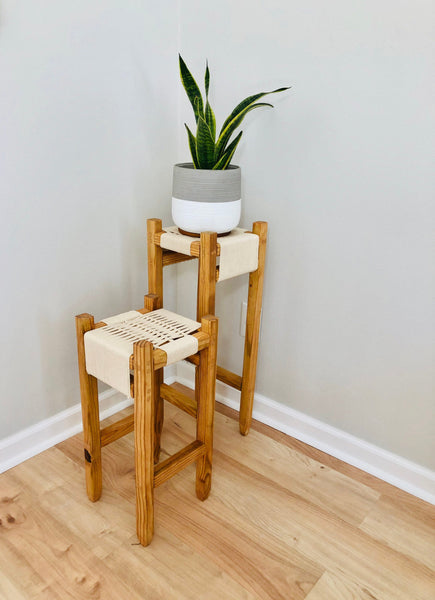 Mid-Century Modern Style Woven Indoor Plant Stands (tall set of 2)