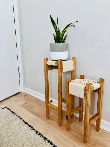 Mid-Century Modern Style Woven Indoor Plant Stands (tall set of 2)