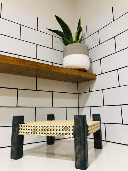 Mid-Century Modern Style Indoor Plant Stand With Cane Webbing