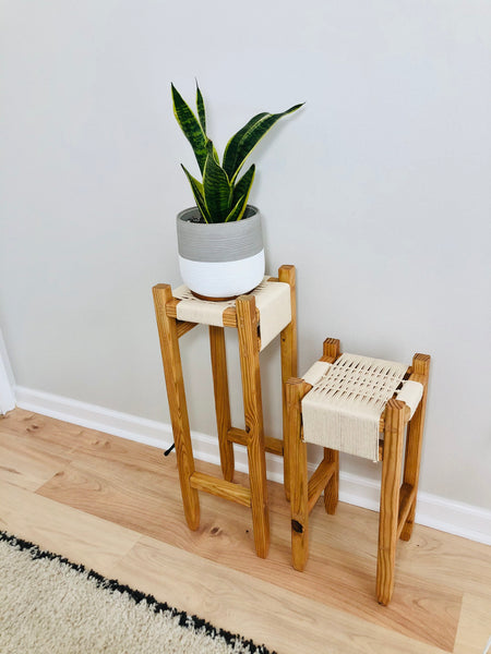 Mid-Century Modern Style Woven Indoor Plant Stands (tall set of 2)