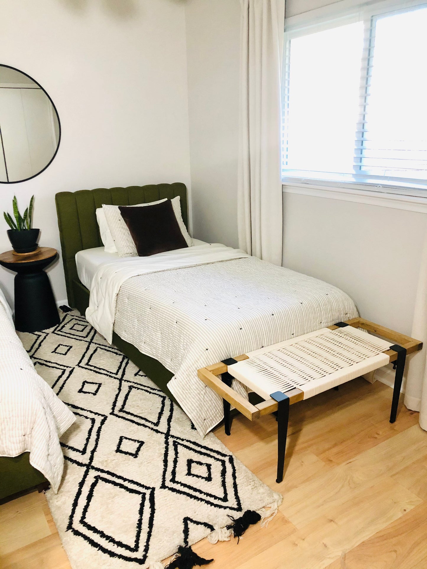 Mid Century Bench | Custom Size Woven Entryway Seating With Matte Black Legs