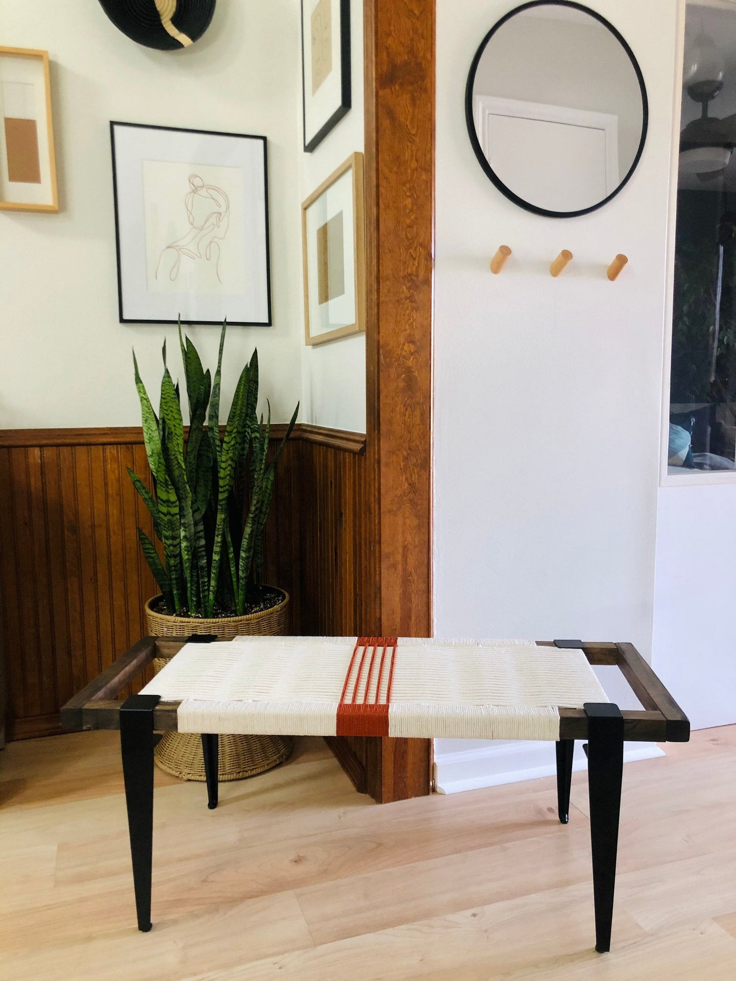 Mid Century Bench | Custom Size Woven Entryway Seating With Matte Black Legs