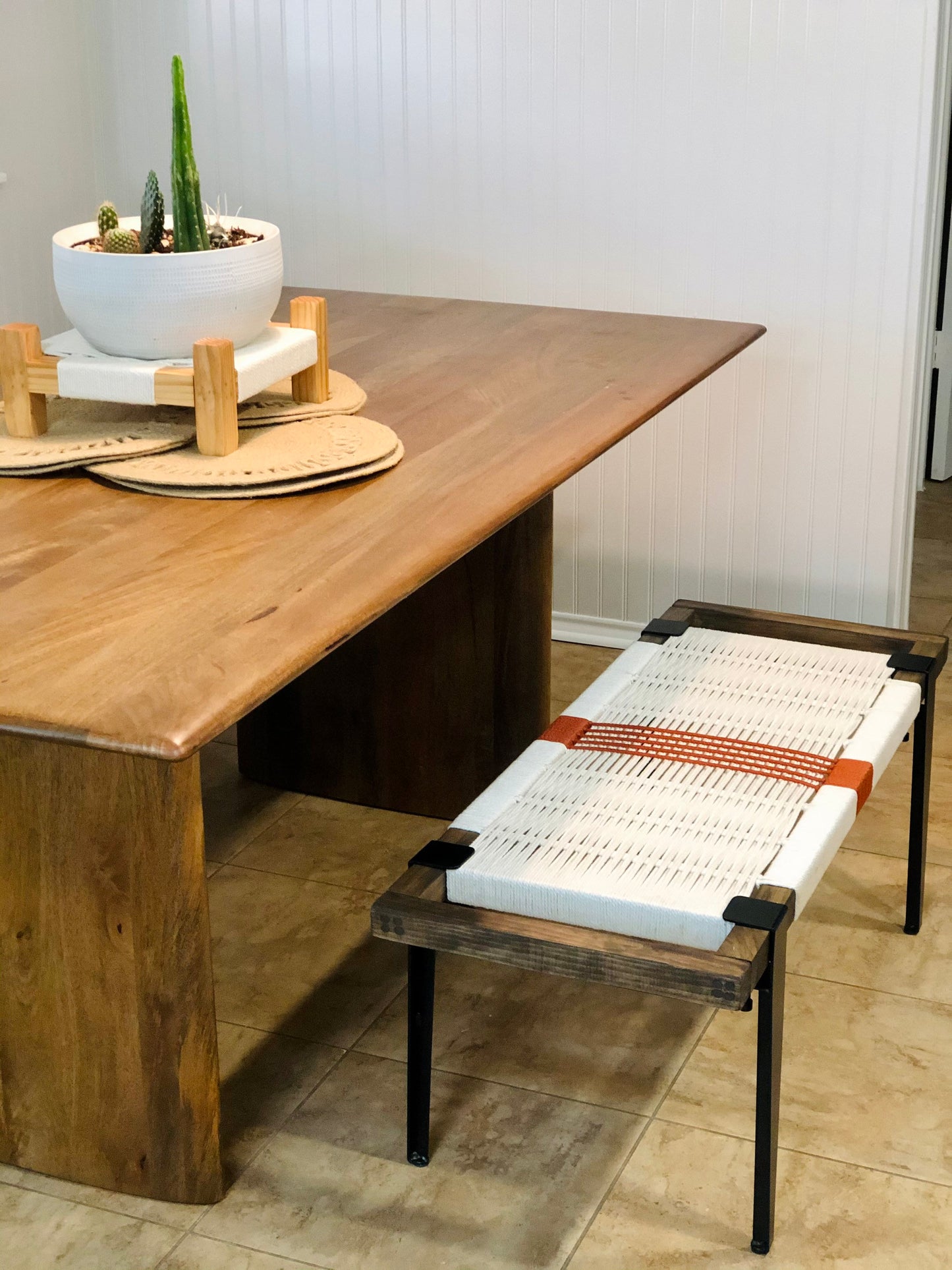 Mid Century Bench | Custom Size Woven Entryway Seating With Matte Black Legs
