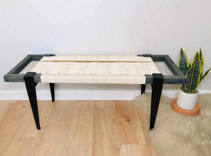 Mid Century Bench | Custom Size Woven Entryway Seating With Matte Black Legs