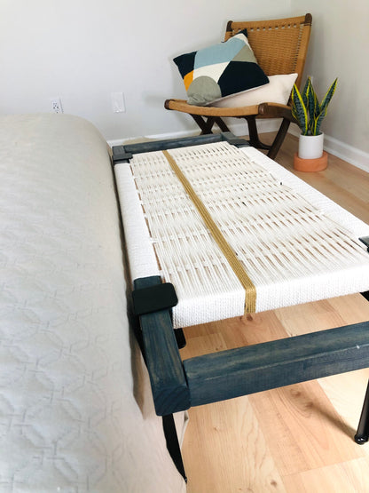 Mid Century Bench | Custom Size Woven Entryway Seating With Matte Black Legs