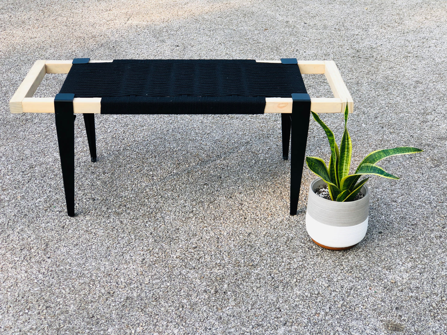 Mid Century Bench | Custom Size Woven Entryway Seating With Matte Black Legs