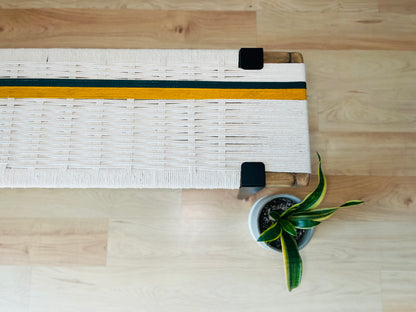 Mid Century Bench | Custom Size Woven Entryway Seating With Matte Black Legs